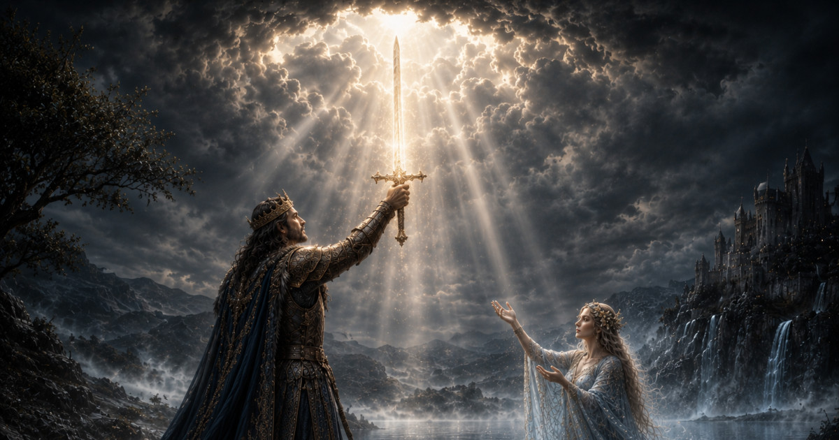 Arthur raising Excalibur on the lakeshore as the Lady of the Lake rises from the water, light rays converging on the blade.