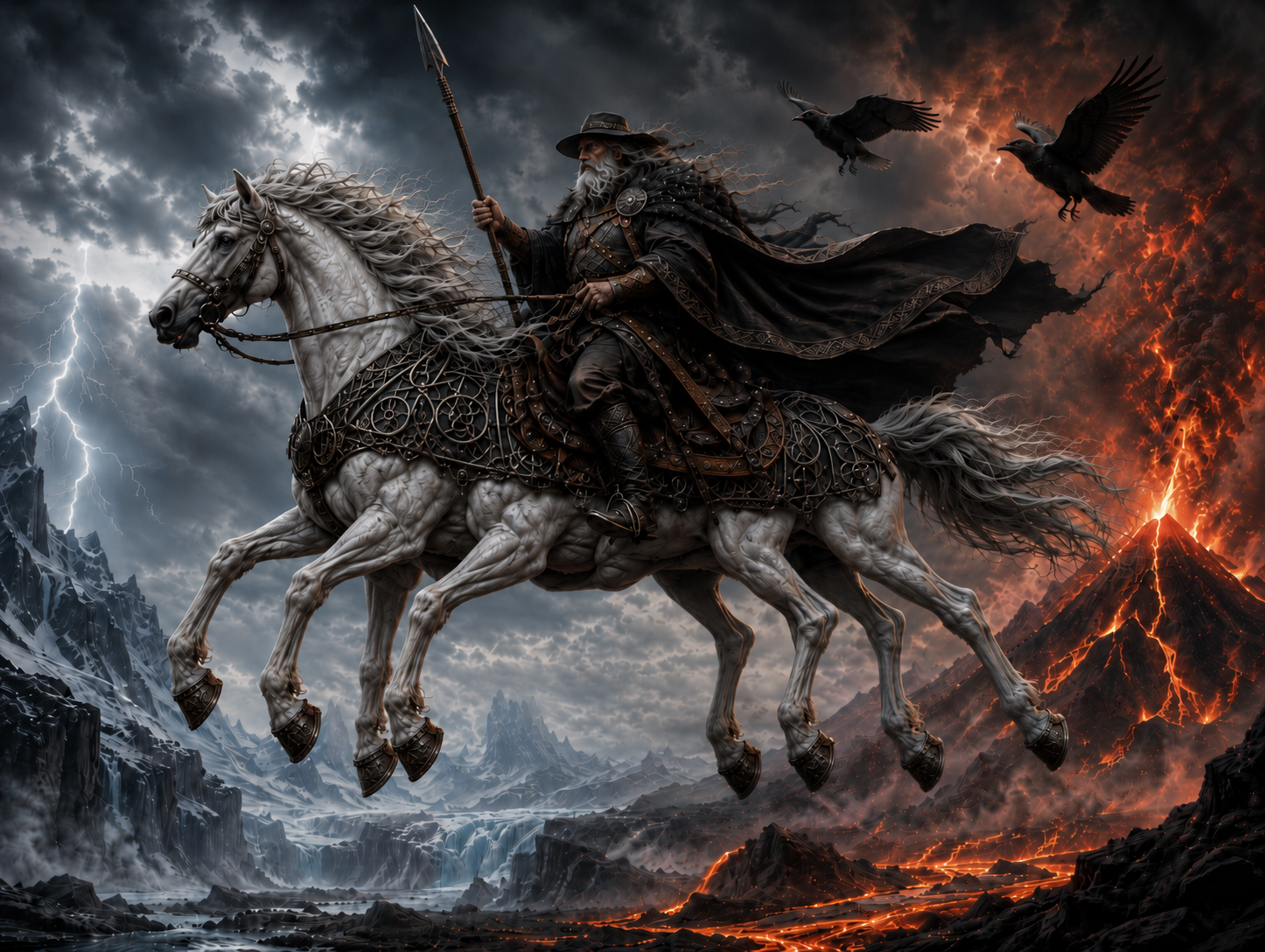 Odin riding Sleipnir between glacier and flame