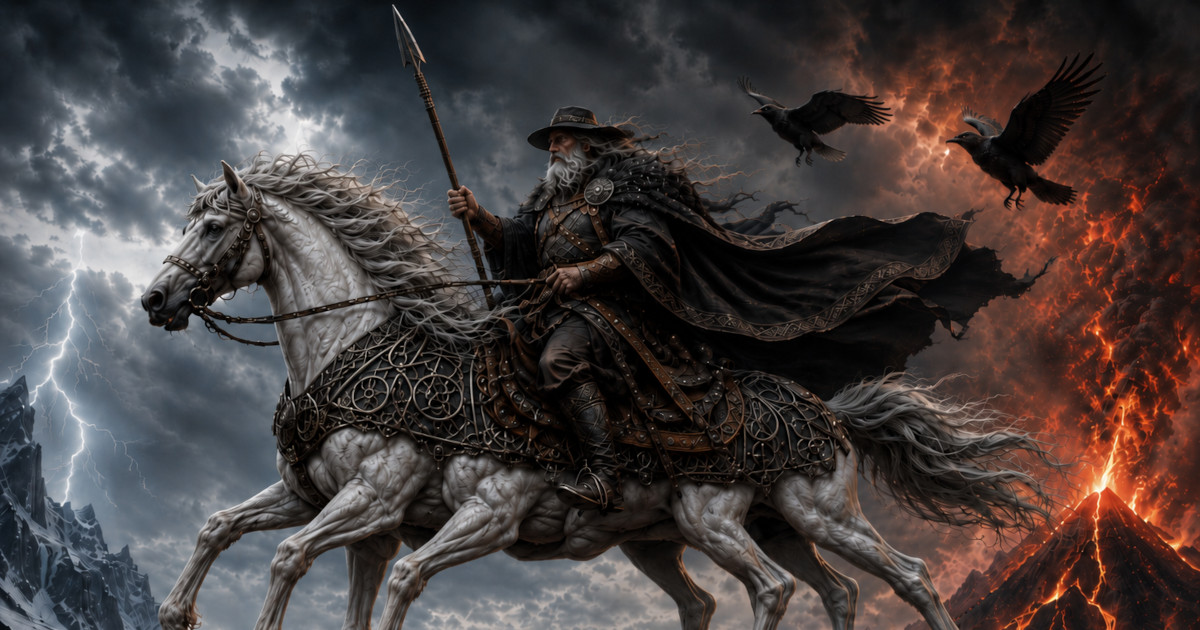 Odin riding Sleipnir between glacier and flame, raven aloft, lightning splitting an iron-grey sky.